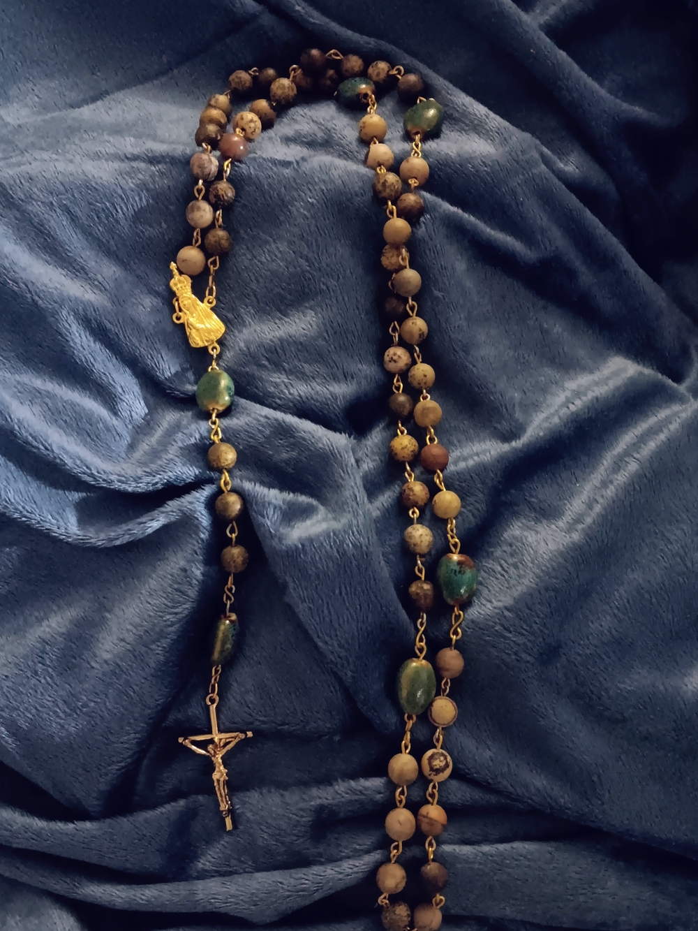 Matte Brown and Green Bead Rosary with Gold Crucifix